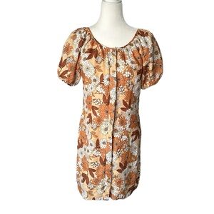 J. Crew tan & white floral fitted summer button through mini dress v back size 0